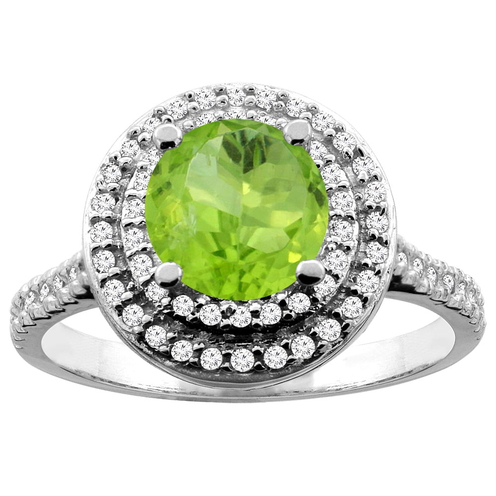 10K White Yellow Gold Natural Peridot Double Halo Ring Round 7mm Diamond Accent, sizes 5 10 by WorldJewels