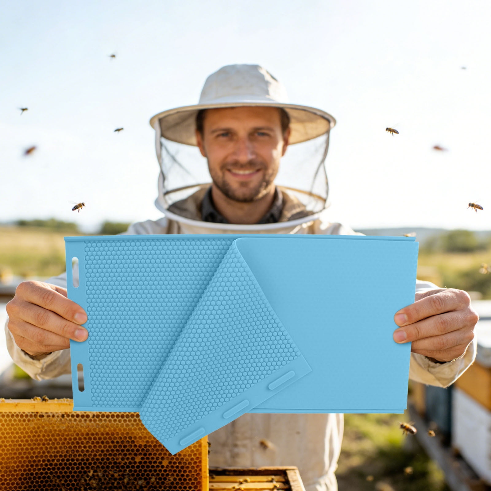 Silicone Beeswax Foundation Press Mold with Honey Scraper, 5.4mm Honeycomb 2 Sheets Non-Stick Reusable for Beekeeping and Candle Making Supplies (Blue)