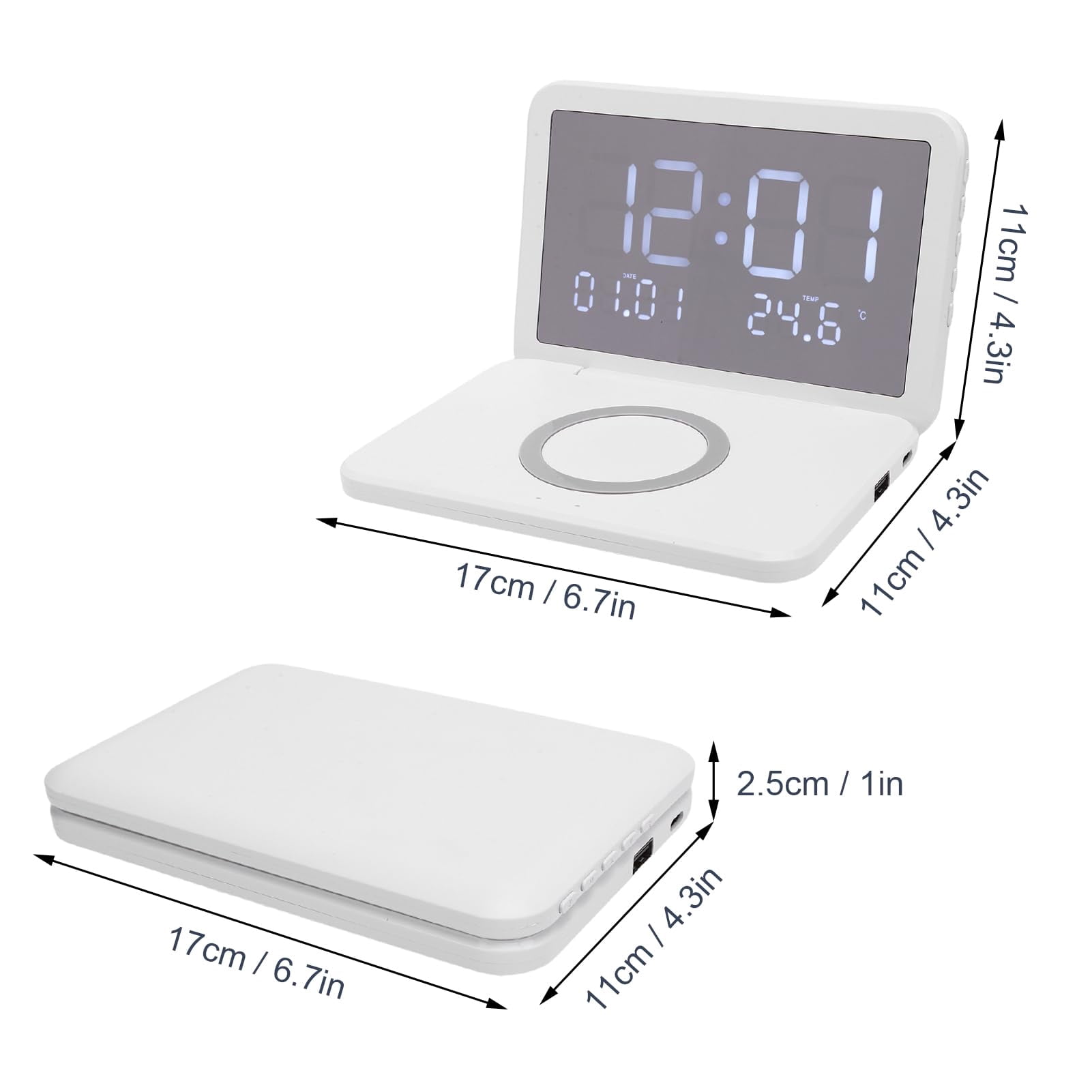 The Nidmaw digital clock features wireless charging, a foldable alarm clock, and an LED mirror display for showing the calendar and temperature. Suitable for bedrooms, desks, living room coffee table