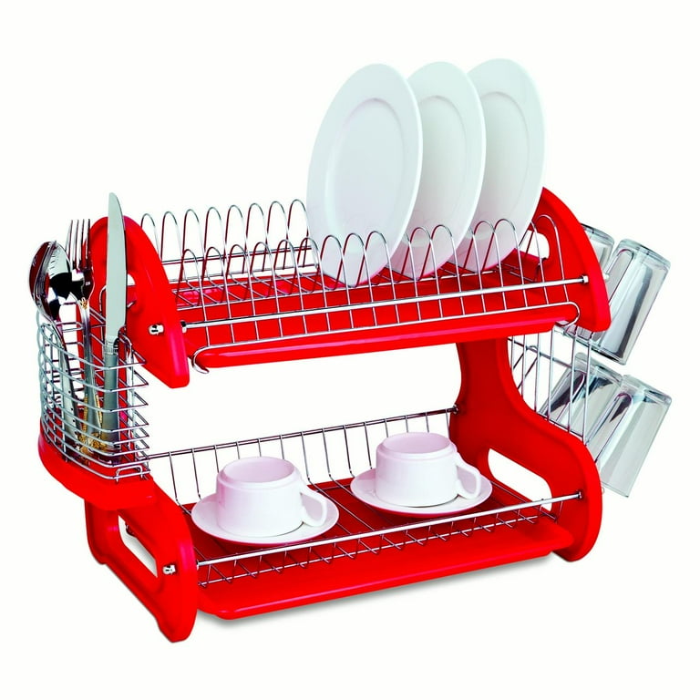 KitchenAid 3 Piece Dish Drying Rack Red and Silver with bottom