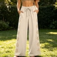 thumbnail image 7 of FchengtaiS Womens Summer Boho Pants Cotton Linen Floral Cutout Wide Leg Pants Elastic Waist Casual Palazzo Trousers with Pockets, 7 of 7