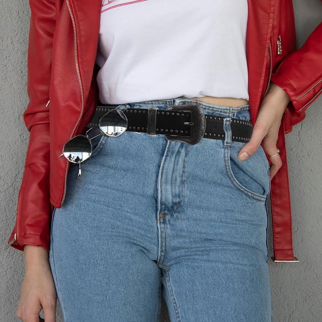 unbranded Cinturón Punk Rock Negro Para Mujer Con Remaches Y Tallada Decorativa