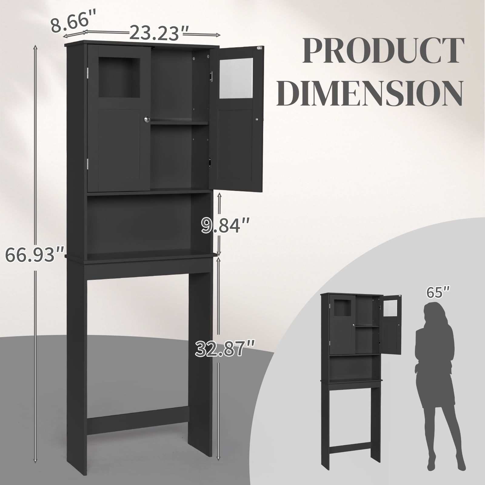 2-Door 3-Tier Toilet Cabinet MDF Melamine-Faced Bathroom Vanity, Black 23.23*8.66*66.93in