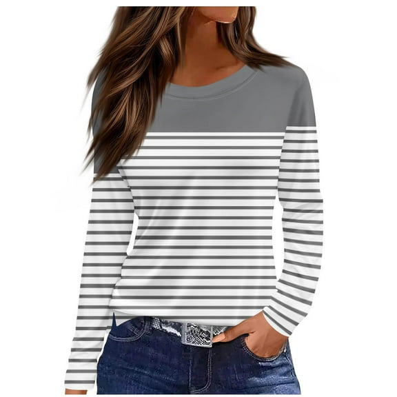 yillto Women Basic Long Sleeve Tops Striped Crewneck Slim Shirts Casual Business Tunic Blouses Outfits