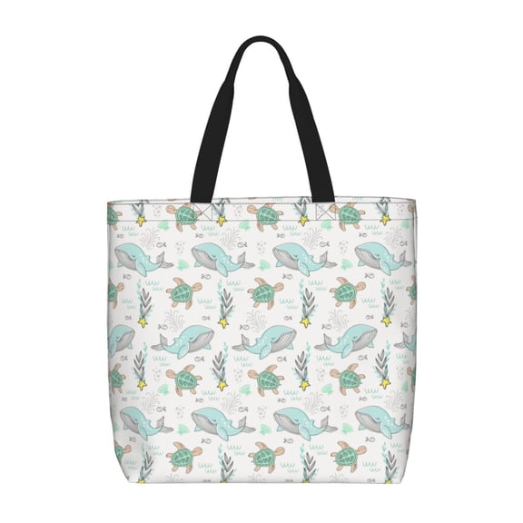 KLL Whale And Turtle Pattern Aesthetic Tote Bag for Women Beach Bag Shopping Bags Shoulder Bag Reusable Grocery Bags