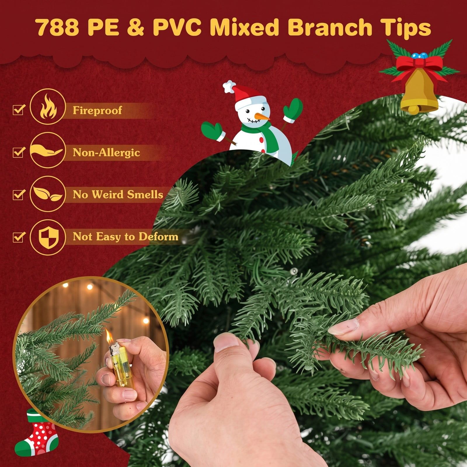 RUIE 6 ft Pre-Lit Artificial Christmas Tree with 280 Warm White LED Lights, 8 Lighting Modes, 788 Branch Tips, PE PVC Hinged Full Spruce Xmas Tree with Metal, Green