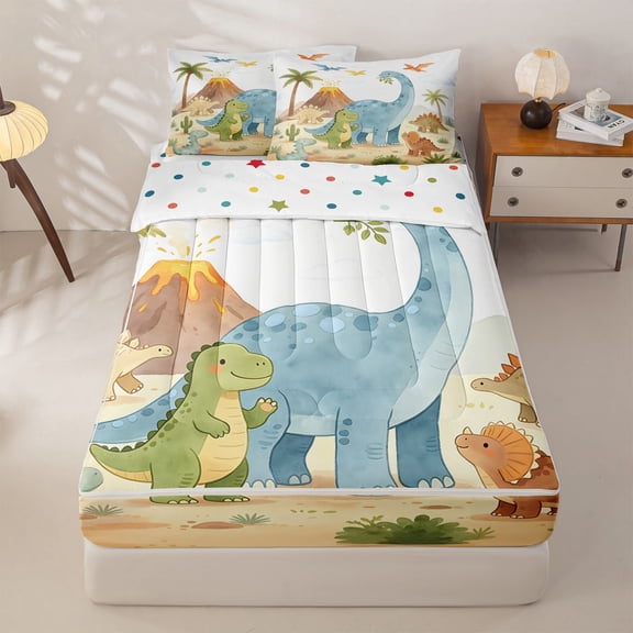 Homewish Cute Dino Family Zipper Twin Comforter Sets with Fitted Sheet and 2 Pillowcases,Jungle Animals Zipper Bedding Set,Polkadot Reversible,4pcs