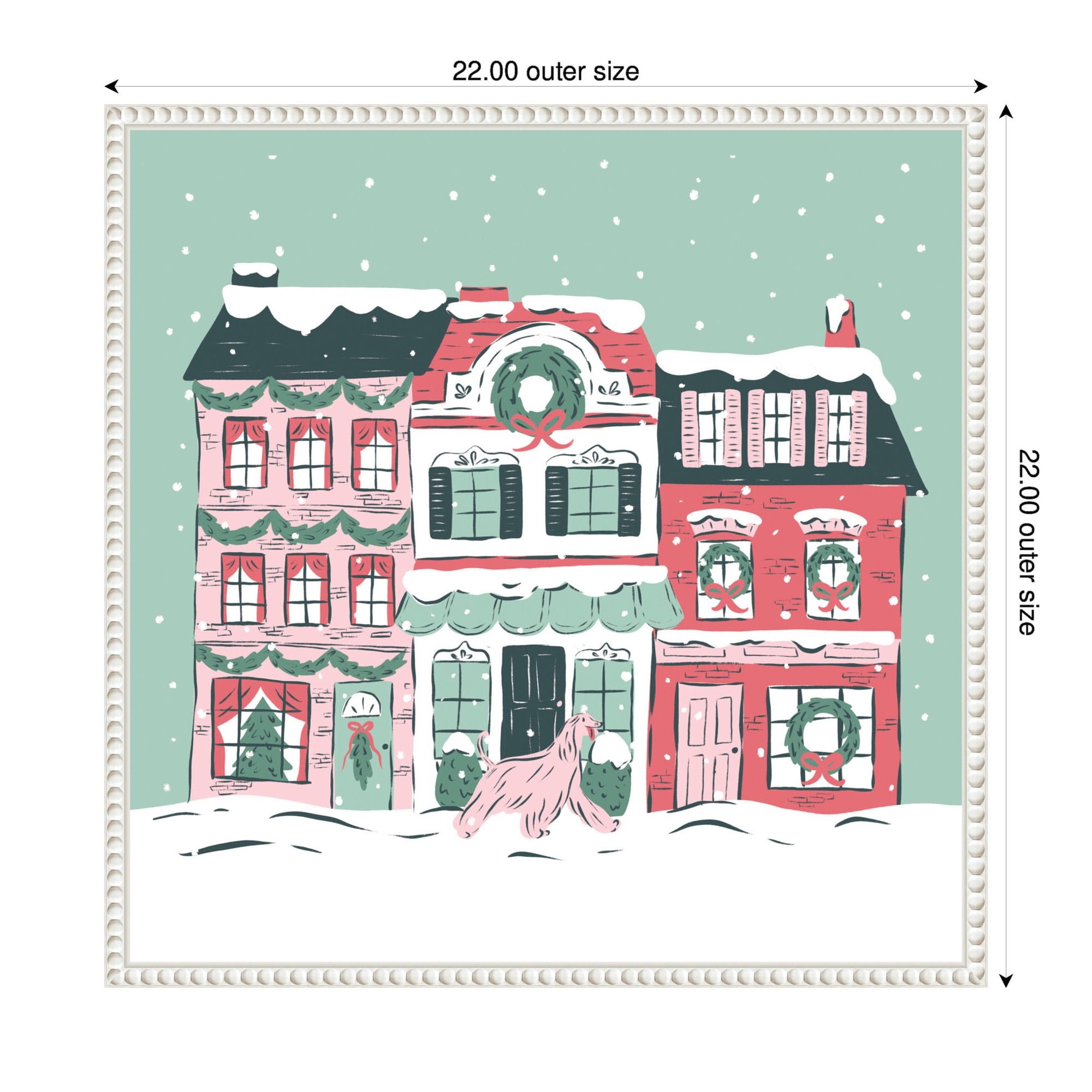 Kate and Laurel Framed Canvas Wall Art Print 'Snowy Christmas Village' by Krissy Mast, 22 x 22 Sylvie Beaded White Frame, Whimsical, Holiday Art for Wall Decor