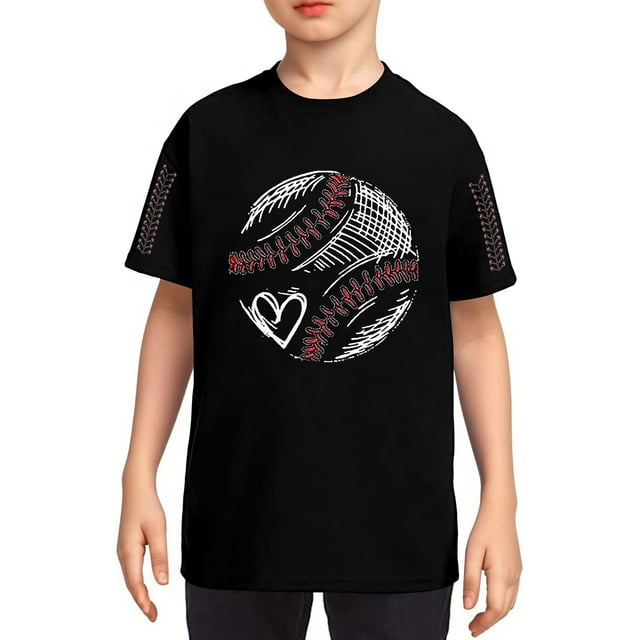 T-shirt Graphique de Baseball pour Garçons et Filles, Col Rond, Manches Courtes, pour Adolescents, Noir 130/5 Y-6 Y