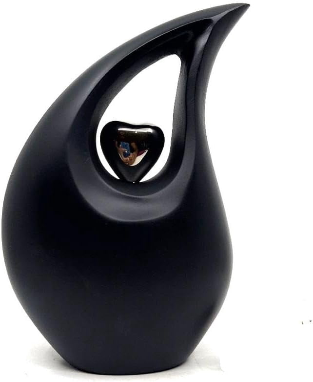 Black Matte Tear Drop Small Urns for Human Ashes with Silver Heart (6 Inch Height) - Unique Medium Urn - Decorative Urns - Cremation Urn - Burial Urns - Keepsake Urn - Funeral Urn - Small Pet Urns