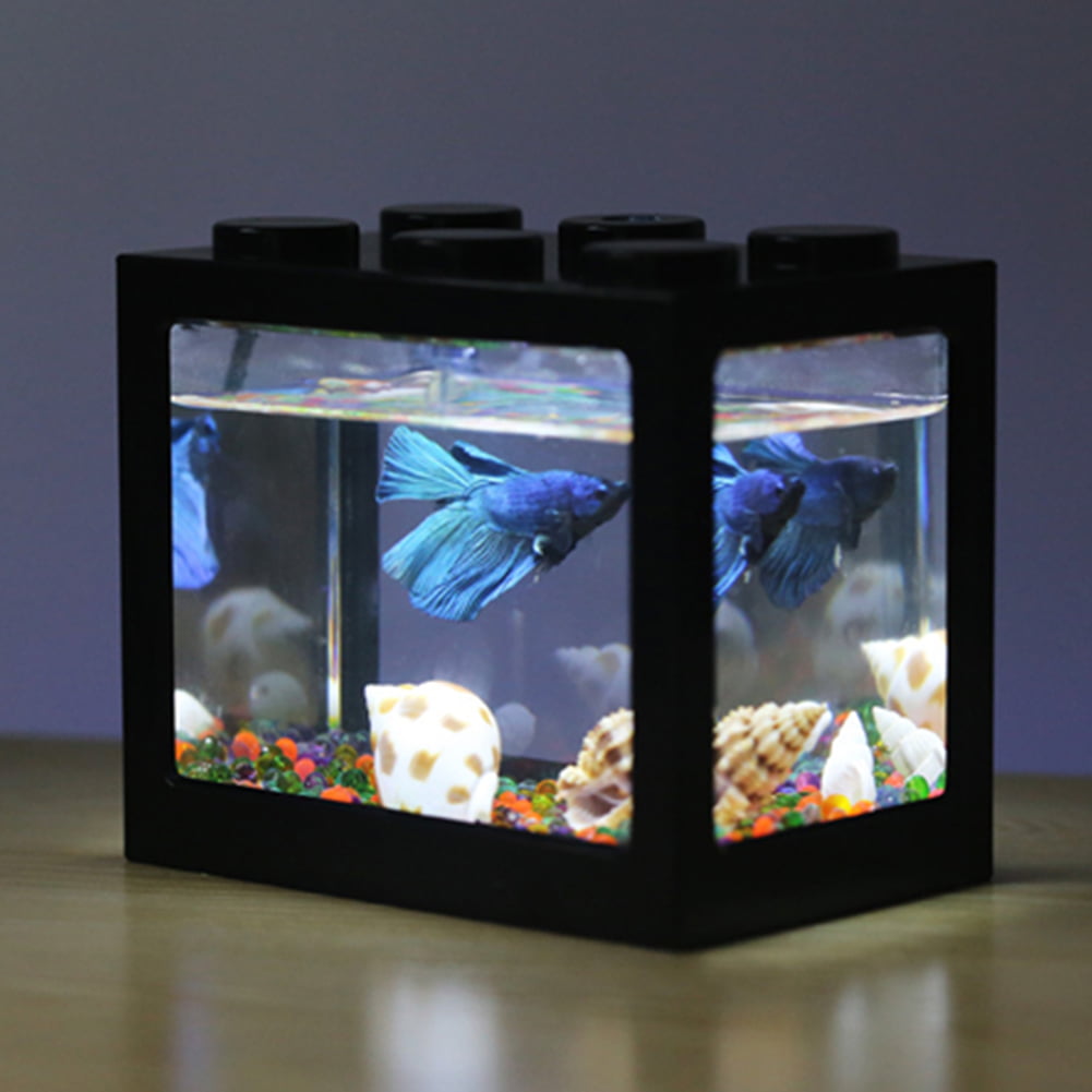 Mini Plastic Aquarium with LED Light Tabletop Betta Fishbowl Fish Tank