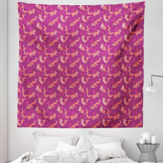 Forest Friends Tapestry, Pattern with Foxes Hearts and Dots, Fabric Wall Hanging Decor for Bedroom Living Room Dorm, 5 Sizes, Rose Dark Peach, by Ambesonne