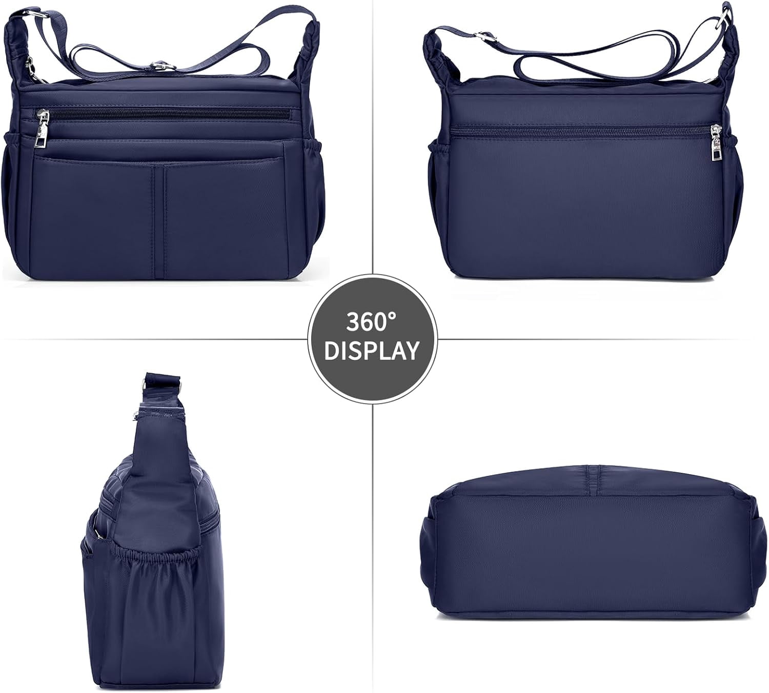 Women Shoulder Bag Multi-Pockets Handbag Water-Resistant Nylon Crossbody Bags Large Purses Lightweight Messenger Bag Black
