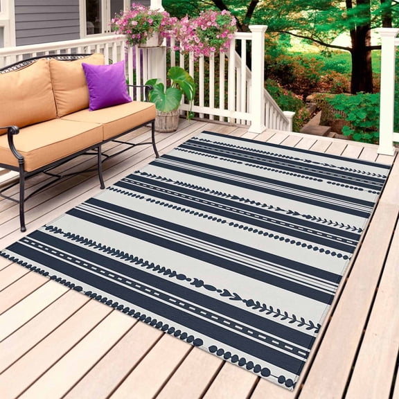 Navy Blue Geometric Outdoor Rug for Patio/Deck/Porch, Non-Slip Large Area Rug 6 x 9 Ft, Modern Stripes Art Farmhouse Indoor Outdoor Rugs Washable Area Rugs, Reversible Camping Rug Carpet Runner