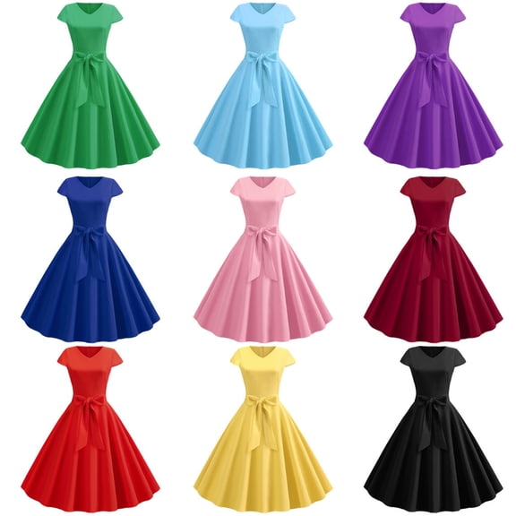 Daiosportswear 1950S Dresses for Womens Vintage Crewneck Cap Sleeve Swing A-Line Midi Sundress Rockabilly Cocktail Tea Party Dress Yellow XL