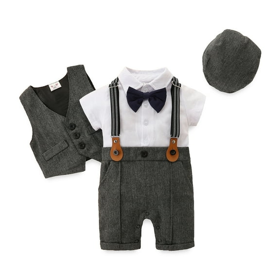 Infant Newborn Baby Boys Jumpsuit Set 3M 6M 9M 12M 18M 24M Gentleman Short Sleeve Romper Gilet Hat Summer Outfit