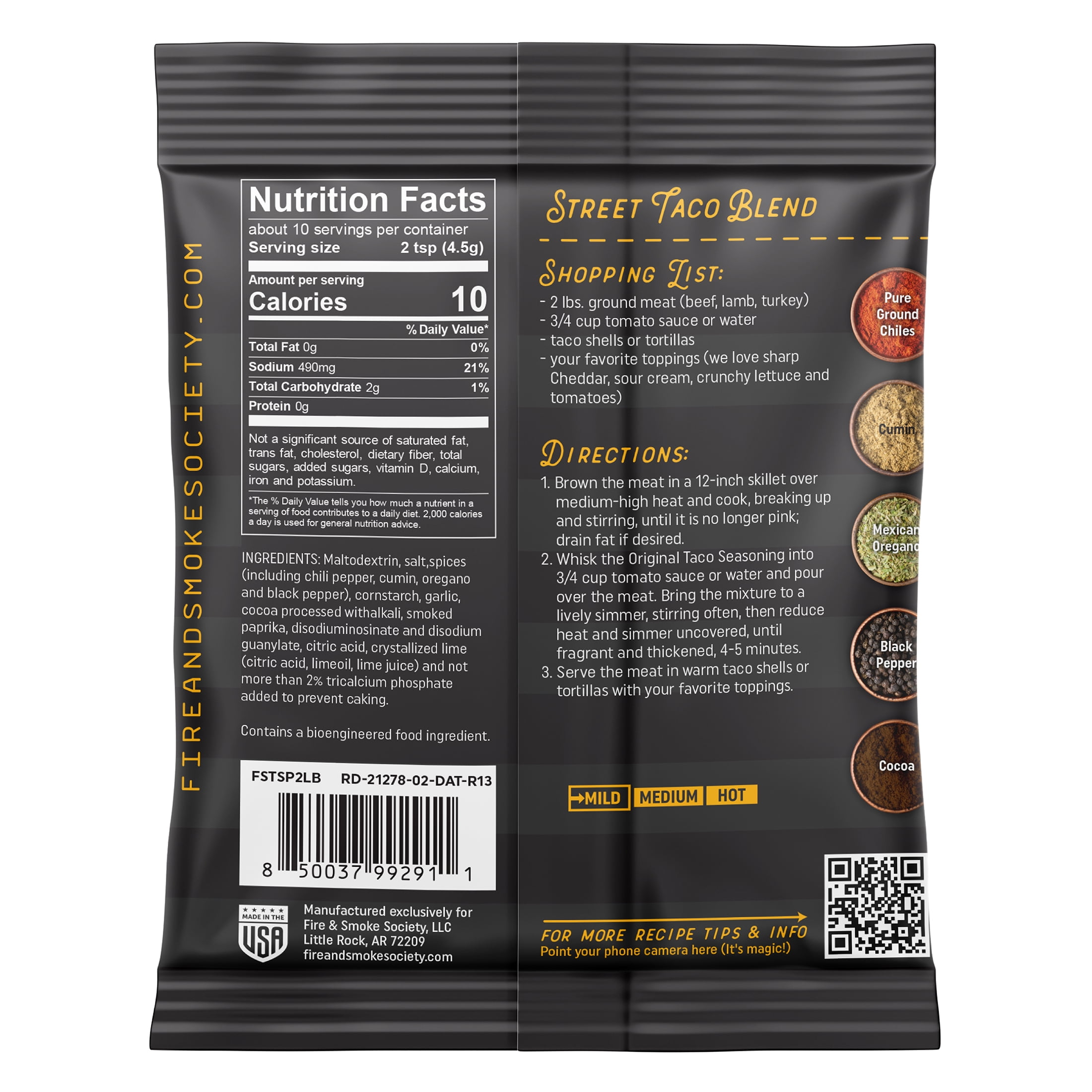 Fire & Smoke Society Family Size Taco Seasoning Mix 1.6 oz, Seasons 2 lbs, Mixed Spices & Seasonings
