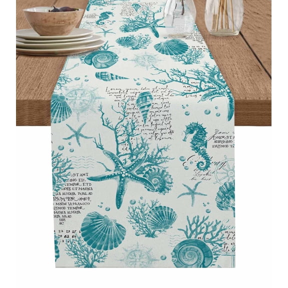ERUNPONLY Turquoise Coastal Coral Table Runner - 70 Inch Long Nautical Starfish Seahorse Cotton and Linen Blended Dress Scarves Farmhouse Table Runner for Kitchen Dining, Coffee Table, 13" x 70"