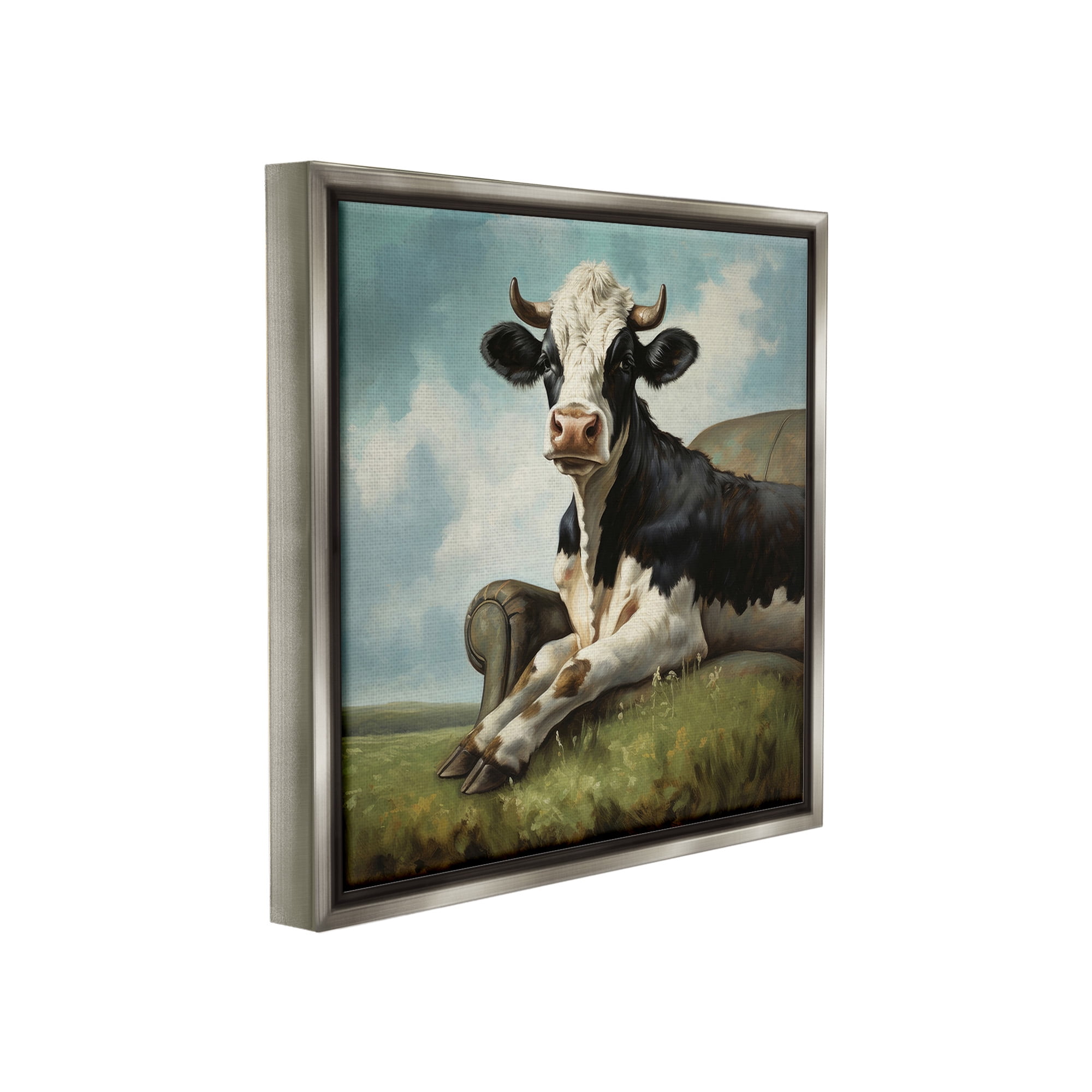 Stupell Industries Cow on Country Couch Animals & Insects Painting Gray Floater Framed Canvas Art Print Wall Art, 18 x 18