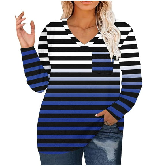Scyoekwg Womens Plus Size Tops V Neck Tunic Shirts Long Sleeve Tops for Women Trendy Striped Dressy Casual Blouse Lightweight Loose Blouses (Blue,XXL)