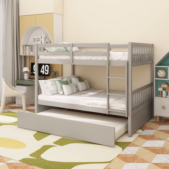 Full Over Full Rubber Wood Bunk Bed with Trundle, Ladder and Guardrails, Convertible to 2 Full Size Beds, with Twin Size Trundle ,Grey