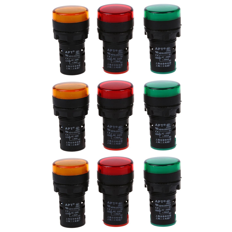 Red, YellowGreen Light Lamp 22 mm LED Pilot Display Panel AC 220 V 9 Pcs