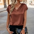 thumbnail image 3 of Women Silk Satin Cap Short Sleeve Blouse Tops V Neck Shirts Business Casual Tshirts Coffee XL, 3 of 6