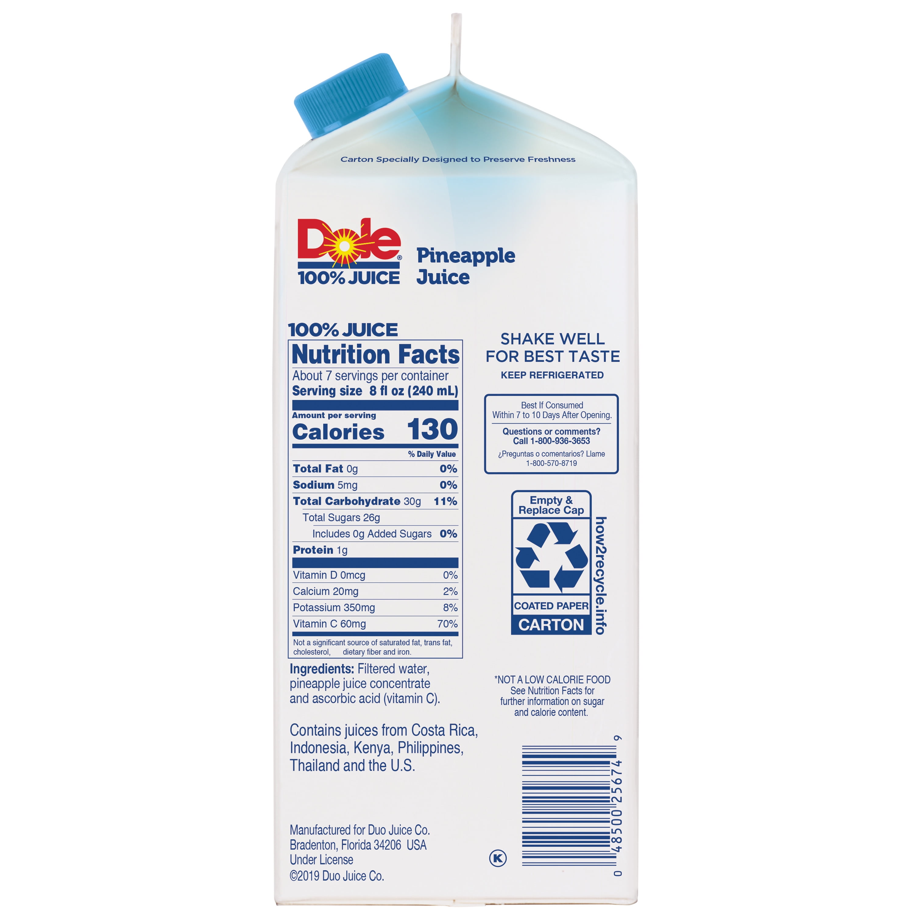 Dole 100% Pineapple Juice, 59 Fl Oz Carton