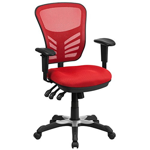 Flash Furniture Mid-Back Red Mesh Multifunction Executive Swivel Chair with Adjustable Arms