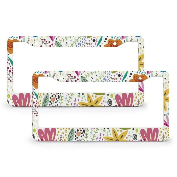 License Plate Frame Botanical Seamless Garden Wildflowers Plants Auto Car Accessories Tag 2 PCS Flower Floral Leaf Buds Aluminum Metal License Plate Frames Gift for Dad