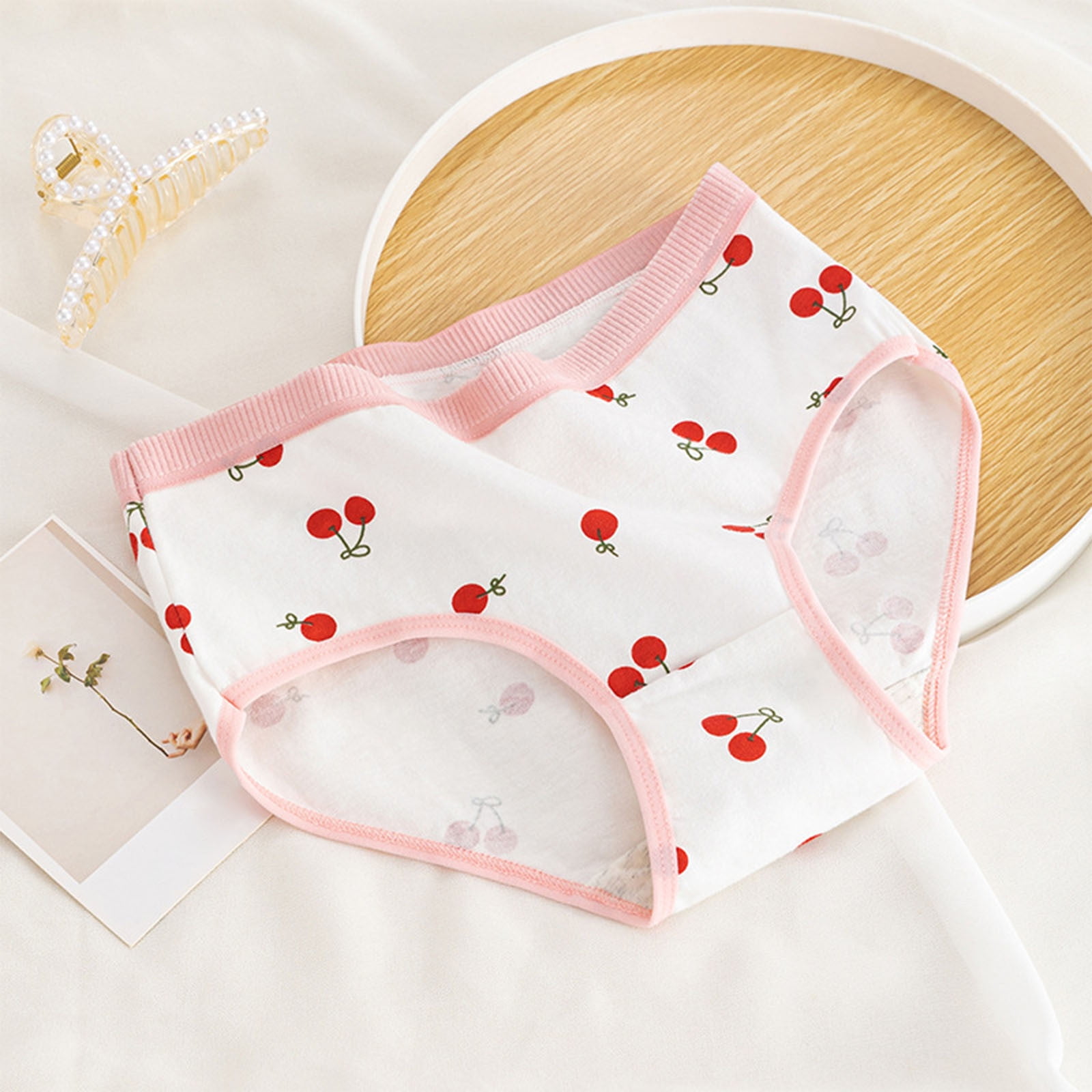 Guluxicc 5 Pack Juniors Girls Antimicrobial Cotton Brief Panties Cherry Floral Plaid Print Underwear Soft Comfortable Breathable Underwear 14-17 Years