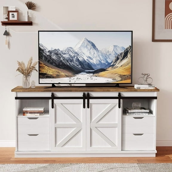 Homall 75 inch Farmhouse TV Stand for Living Room, Entertainment Center with Sliding Barn Doors & 4 Storage Drawers, Adjustable Shelves Rustic Media Console for Bedroom,White