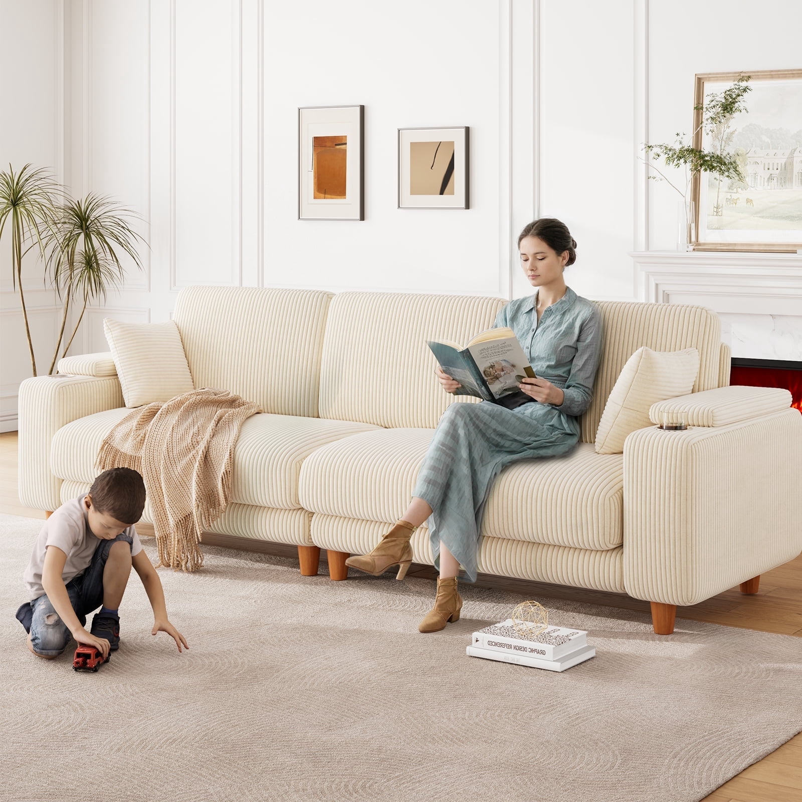 Patbrela 101" Oversized Corduroy Sofa with Storage, 24" Extra Deep Seat Couch, Comfy Upholstered with Cup Holder, 2 Pillows, Beige