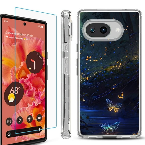 For Google Pixel 9a Phone Case Cover, Shockproof Bumper Case with Tempered Glass Screen Protector, by OneToughShield - Fireflies Butterfly
