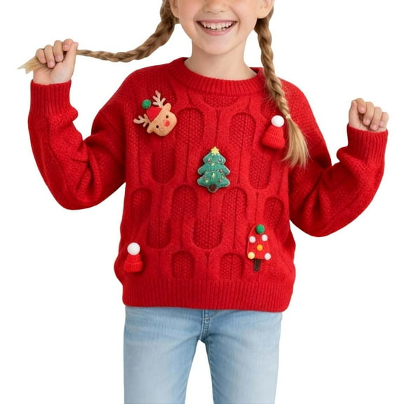 Tisuna Girls Sweater Toddler Christmas Tree Print Long Sleeve Crew Neck Cardigan Loose Comfortable Autumn Winter Girls Pullover Clothes Red Size 18-24 Months