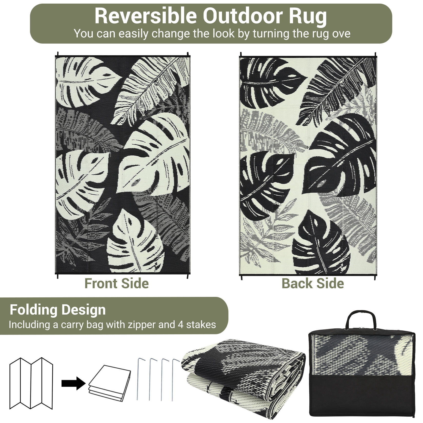 COZONY 9x18 Outdoor Rug, Reversible Waterproof Plastic Straw Patio Rug with Palm Leaf Pattern, Indoor Outdoor RV Mat for Patio Deck Balcony Camping
