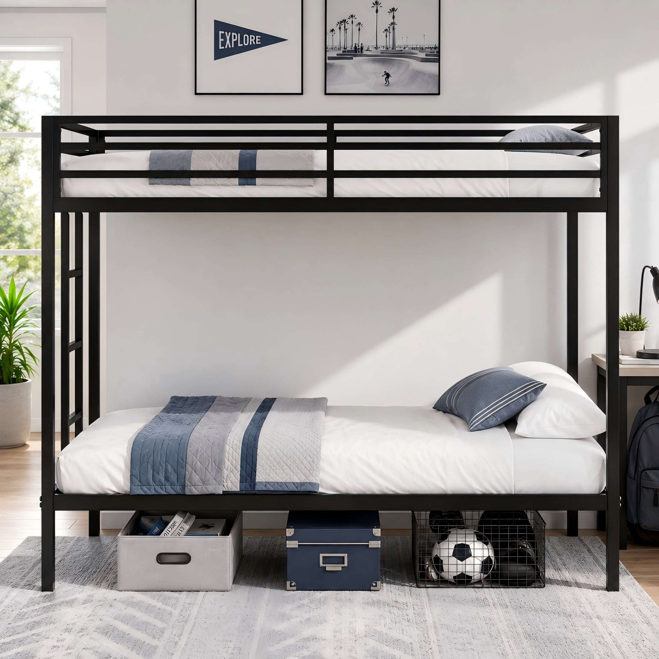 Aukfa Twin over Twin Metal Bunk Bed with Guardrails and Reversible Ladder for Kids, Black