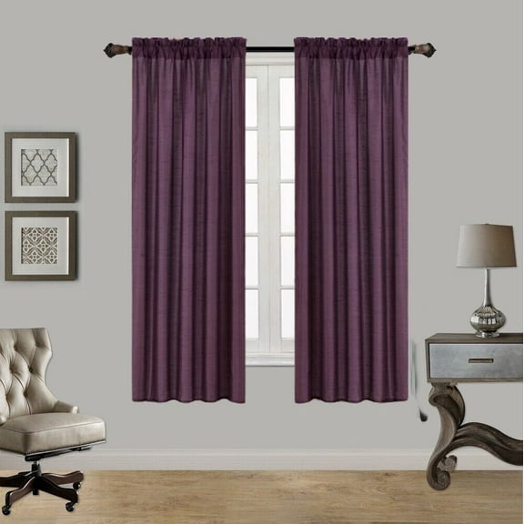 2PC MR2 PLUM PURPLE SOLID SILK SEMI SHEER ROD POCKET WINDOW CURTAIN PANEL LIGHT FILTERING 55" W X 63" L EACH PC