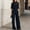Navy Blue, variant on Women's Elegant Solid Color 3 Piece Formal Set – Sheer Puff Sleeve Top with Camisole Lining & High Waisted Pants Black,XXL