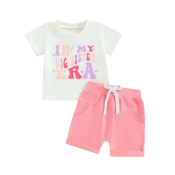 Bagilaanoe 2pcs Toddler Sister Matching Clothing Baby Girl Shorts Set Short Sleeve Letter Print T Shirt Tops   Shorts 3M 6M 12M 18M 24M 3T 4T Kids Casual Summer Clothes