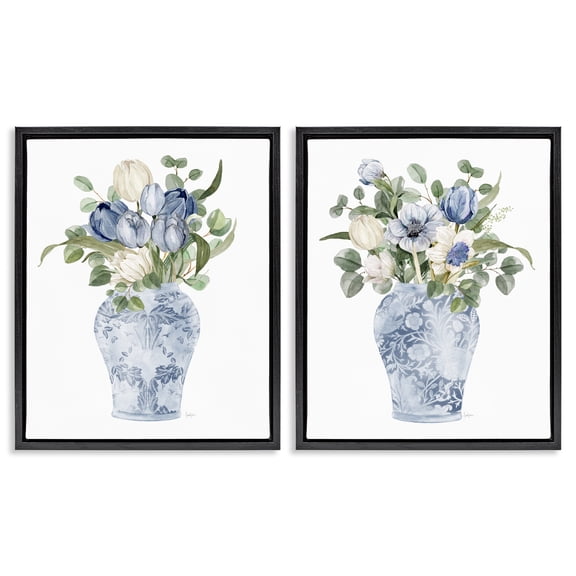 Stupell Industries Transitional Ornate Vase Tulip Collection Black 2pc Floating Frame Art Set, 17 x 21 each, by Livi Finn