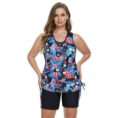 Akafmk Tankini Swimsuits for Women Loose Fitting Floral Printed Swim Tops with High Waisted Boyshorts Two Piece Bathing Suits Comfortable Athletic Swimwear  Sizes L-4XL