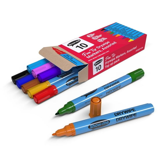 Show-me Box of 10 Fine Tip Slim Barrel Dry Erase Markers in Assorted Colours