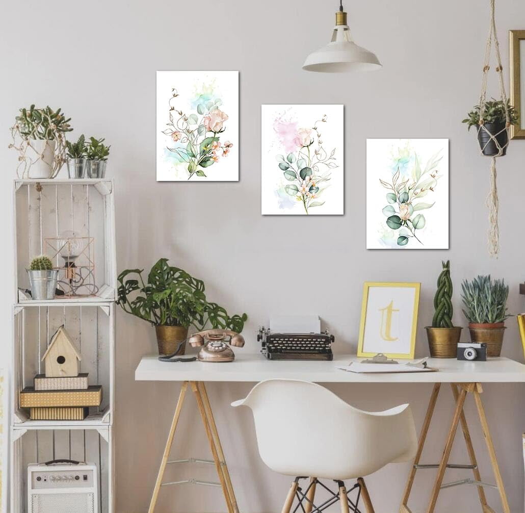 Florals Pictures Wall Art Flowers Rose Canvas Eucalyptus Botanical Plants Paintings Leaf Prints, Minimalist Simple Artwork Framed for Bathroom Living Room Bedroom Office Home Decor 12"x16"x3