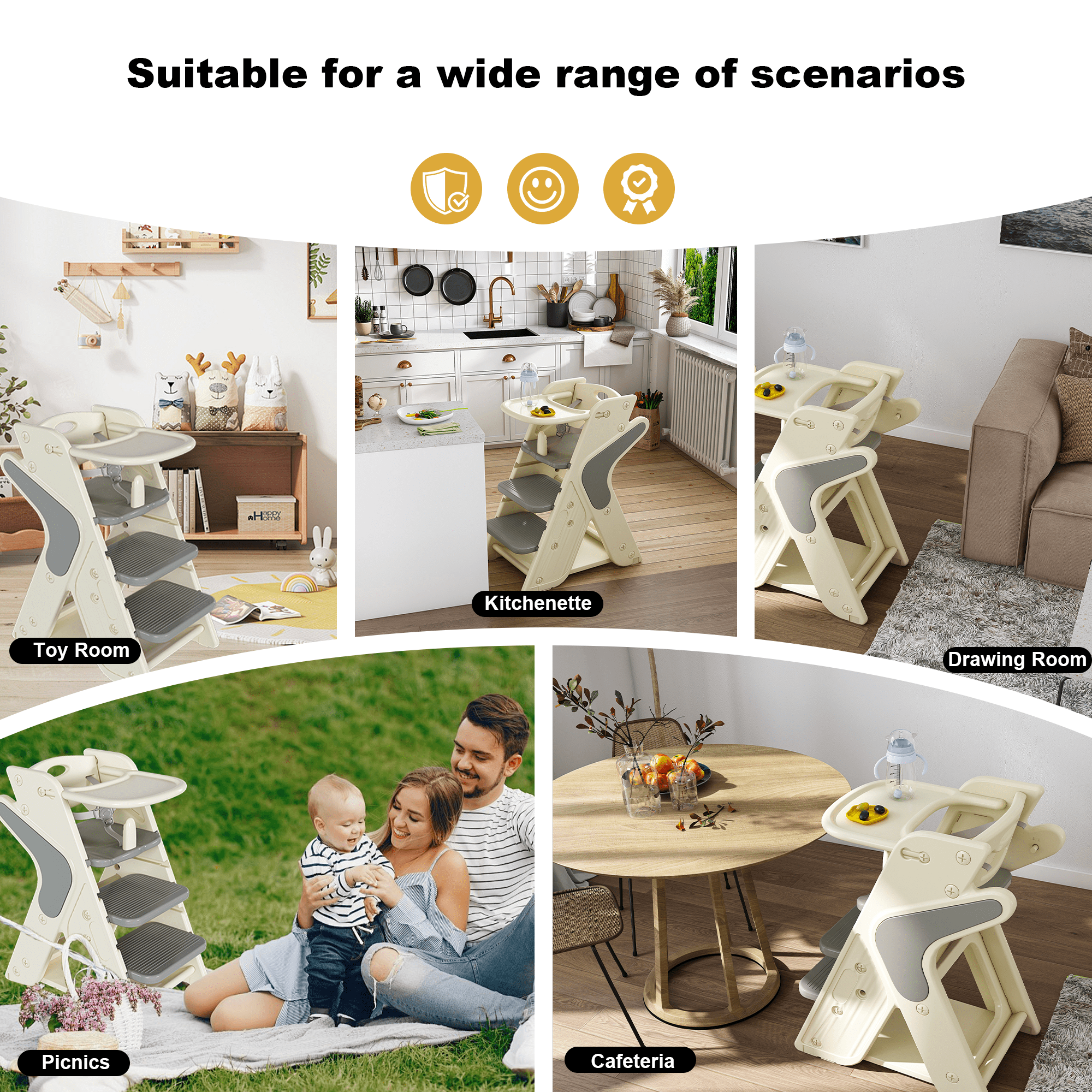 Wohh 3 in 1 Multi Functional Growing Up Dining Chair for Eating, Convertible Baby High Chair Toddler Learning Tower & Step Stool, Adjustable Height with 5-Point Harness, Removable Tray(Grey)