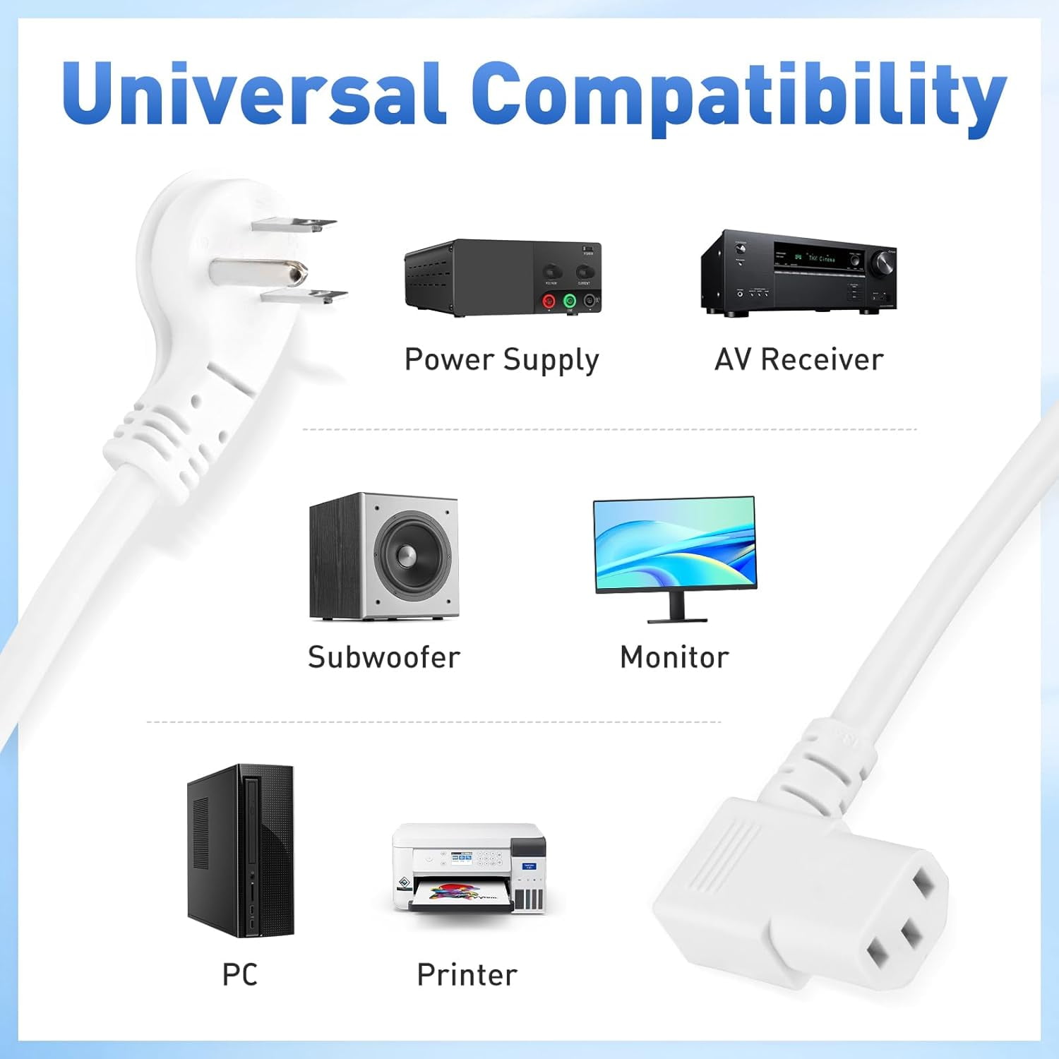 POWERCORDS 6FT 90Degree Computer Power Cord, Flat Plug to Right Angle IEC C13 Power Cord, Universal PC Power Supply Cord, 16AWG, White C13 3 Prong Angled AC Power Cord for PC Monitor/TV, 2-Pack