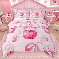 Homewish Ribbon Bow Tie Bedding Comforter Set,Sweet Apple Twin Comforter Sets,Pink Bowtie Bowknot Bedding Set For Girl Teens,Luxury Bedroom Decor Reversible,2-Piece