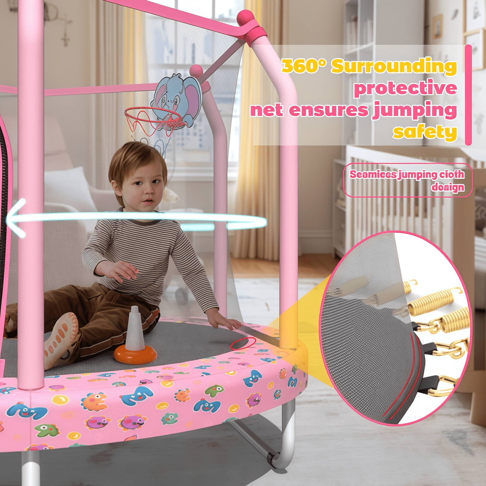 Dwelling Tales Bouncing Kids Trampoline Round with Safety Enclosure Net Basketball Hoop Indoor Outdoor Pink 55 Inch