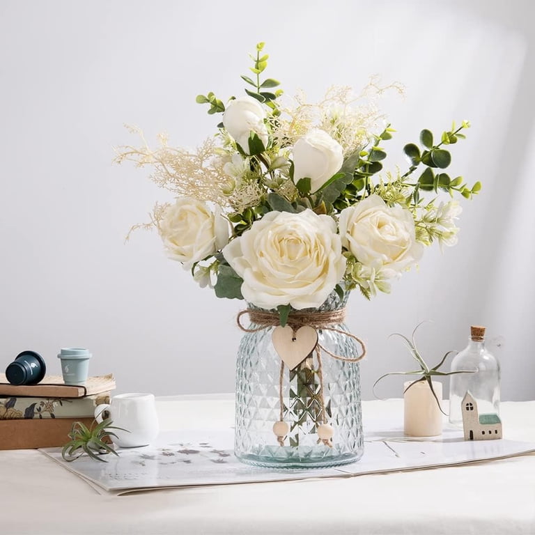 Artificial Silk Rose Flower Arrangement with Glass Vase photo 7