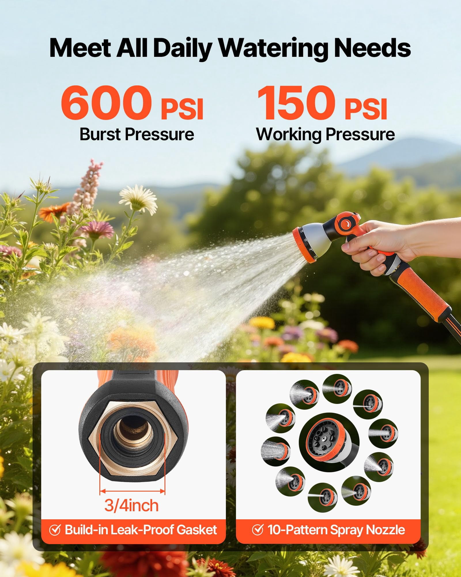 Garden Hose, 150 ft 5/8" Heavy Duty Rubber Water Hose with 10 Mode Nozzle, 150PSI Working & 600PSI Burst, Flexible & Non-kink Outdoor Waterhose with 3/4" Fitting, Lightweight Hoses for Gardening